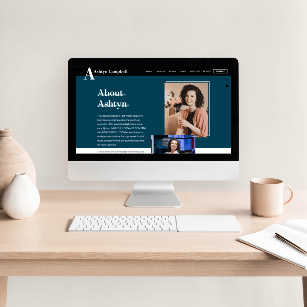 Showit website design for Ashtyn Campbell, a fitness instructor and actress on desktop